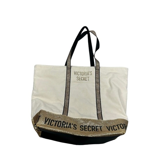 READ- Victoria's Secret Beige & Gold Glitter Large Zip Tote‎ Logo Bag - Picture 1 of 8